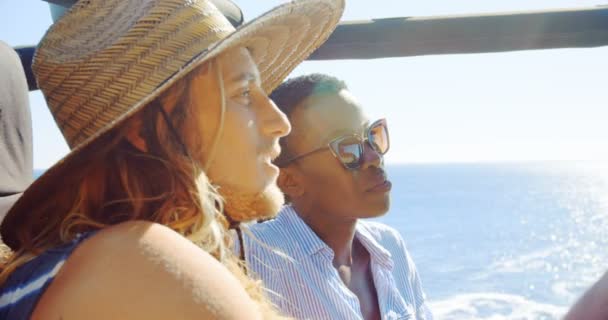 Amigos Masculinos Femeninos Interactuando Entre Coche Playa — Vídeo de stock