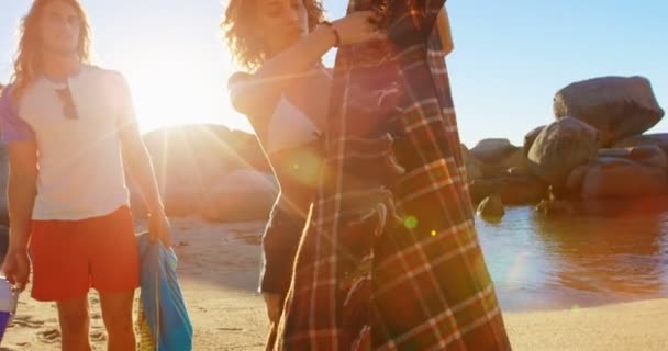 Gruppe Von Freunden Legt Picknickdecke Strand Einem Sonnigen Tag — Stockvideo