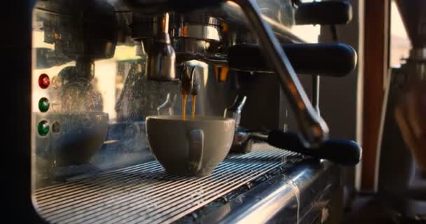 Primer Plano Del Chef Masculino Usando Cafetera Panadería — Vídeo de stock