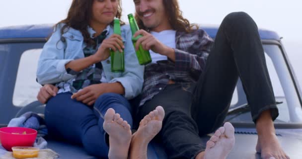 幸せなカップルの車に座ってビールを持つボンネット — ストック動画