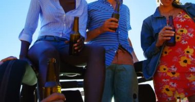 Güneşli bir günde 4 k sahilde bira şişe kızartma arkadaş grubu