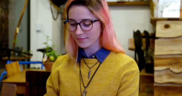 Elegante Mujer Joven Mensajes Texto Durante Uso Computadora Portátil Cafetería — Vídeo de stock