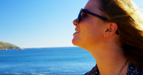 Vrouw Met Biertje Het Strand Een Zonnige Dag — Stockvideo