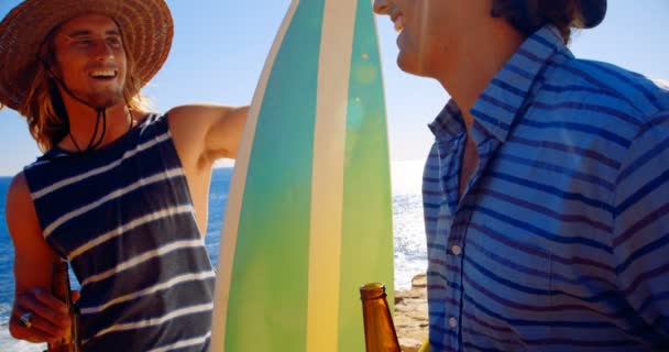 Amigos Varones Interactuando Entre Playa Día Soleado — Vídeo de stock