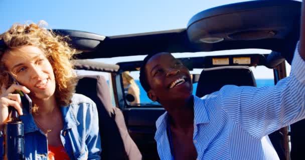 Female Friends Having Fun Car Sunny Day — Stock Video