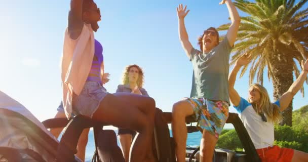 Grupo Amigos Divirtiéndose Coche Playa — Vídeo de stock