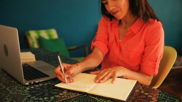 在家里使用膝上型电脑的妇女在笔记本上写字4K — 图库视频影像