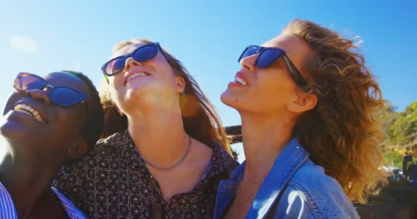 Grupo Amigas Divirtiéndose Playa Día Soleado — Vídeos de Stock