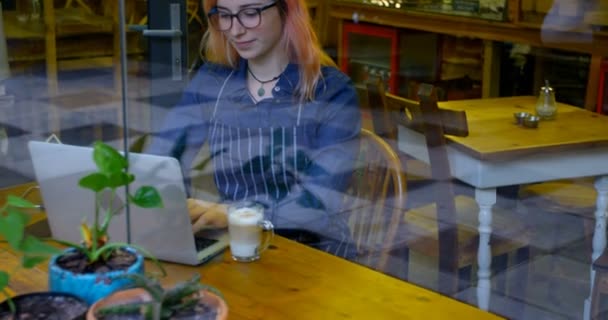 Vrouwelijke Eigenaar Met Koude Koffie Terwijl Het Werken Laptop Café — Stockvideo