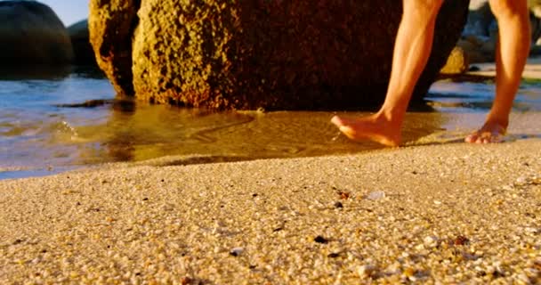 Låga Delen Man Promenerar Stranden — Stockvideo