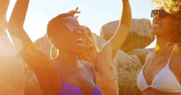 Gruppe Von Freunden Amüsiert Sich Strand Der Abenddämmerung — Stockvideo