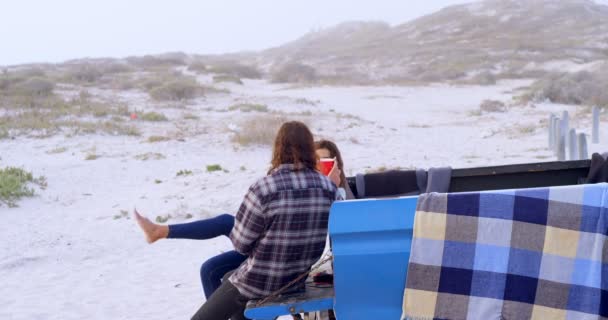 車でビールを持っている幸せなカップル — ストック動画