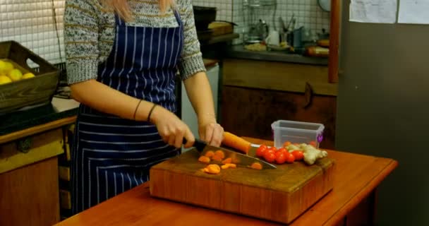 Mujer Joven Picando Verduras Cocina Cafetería — Vídeos de Stock