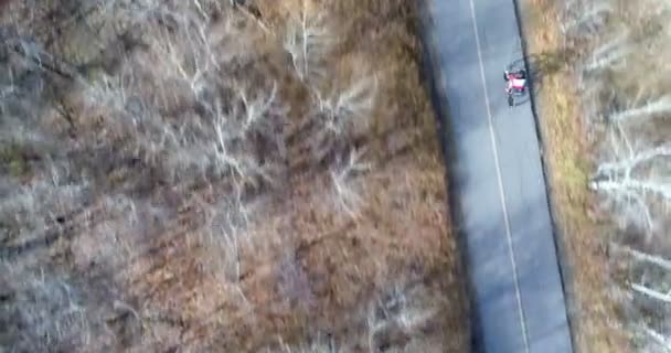 Aérea Ciclista Bicicleta Través Una Carretera Campo Bosque — Vídeos de Stock