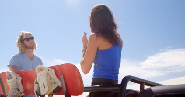 Man Woman Sand Board Talking Each Other Sunny Day — Stock Video