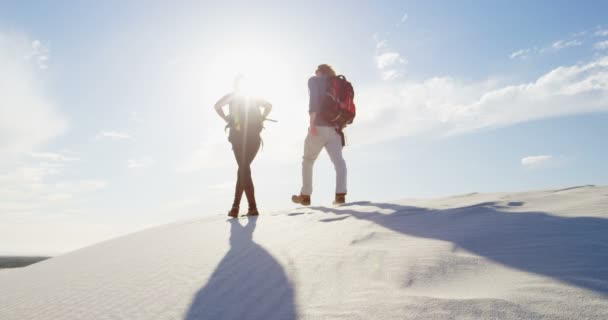 Casal Com Mochilas Andando Deserto Dia Ensolarado — Vídeo de Stock