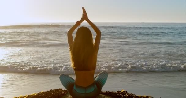 后视图的健身妇女在海滩上表演瑜伽4K — 图库视频影像