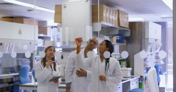 Team Forskare Diskuterar Glasvägg Laboratorium — Stockvideo