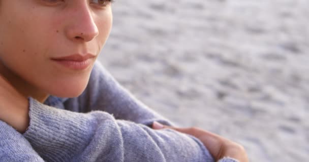 Thoughtful Woman Relaxing Beach — Stock Video