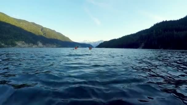 Tourists Rowing Kayak Boats River Water Banff National Park Canada — Stock Video