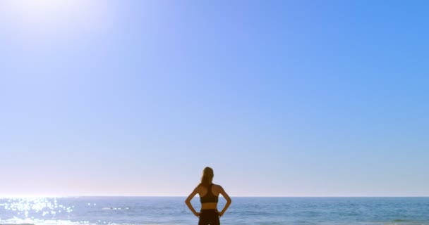 Dopasuj Kobieta Stojąc Rękami Biodrach Plaży Słoneczny Dzień — Wideo stockowe