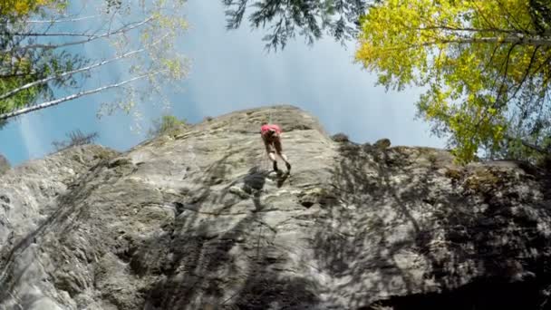 Niedrige Winkelaufnahme Des Bergsteigers Der Von Der Klippe Absteigt — Stockvideo