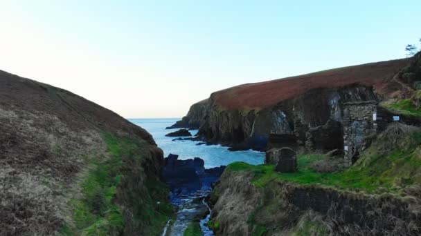 Aerial View Mountain Cliffs Sea Dusk — Stock Video