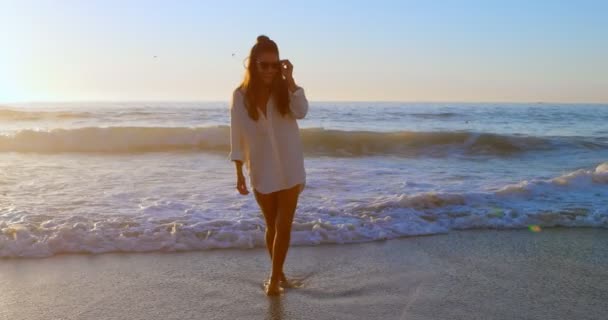 Elegante Donna Posa Occhiali Sole Sulla Spiaggia — Video Stock