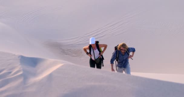 Paar Mit Rucksack Klettert Die Sanddüne Der Wüste Hoch — Stockvideo