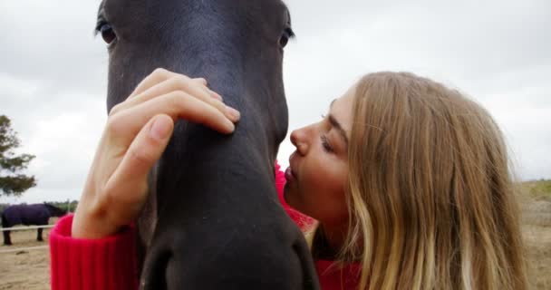 Close Mulher Beijando Cavalo Rancho — Vídeo de Stock