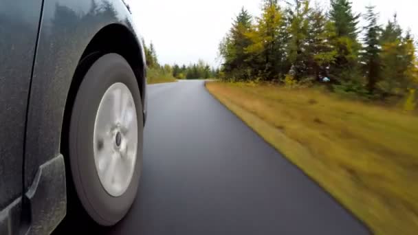 秋の田舎道に乗って車のクローズ アップ — ストック動画