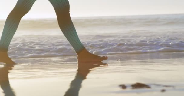 Fit Mujer Caminando Playa Día Soleado — Vídeo de stock