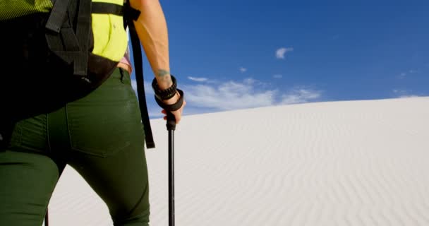 Mujer Con Bastones Senderismo Caminando Desierto Día Soleado — Vídeo de stock