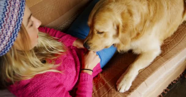 Sobrecarga Mulher Alimentando Seu Cão Sofá Casa — Vídeo de Stock