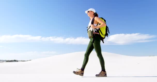 Mujer Con Mochila Caminando Desierto Día Soleado — Vídeos de Stock