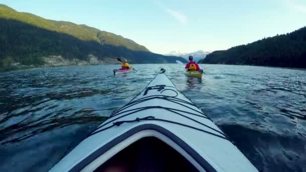 Toeristen Roeien Kajak Boten Rivierwater Nationaal Park Banff Canada — Stockvideo