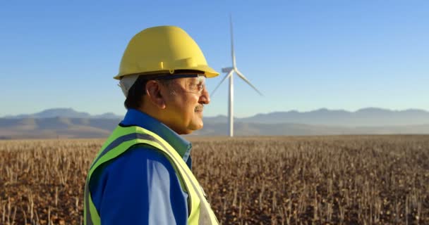 Mannelijke Ingenieur Permanent Het Windpark Een Zonnige Dag — Stockvideo