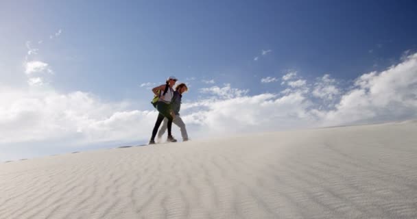 Casal Andando Deserto Dia Ensolarado — Vídeo de Stock