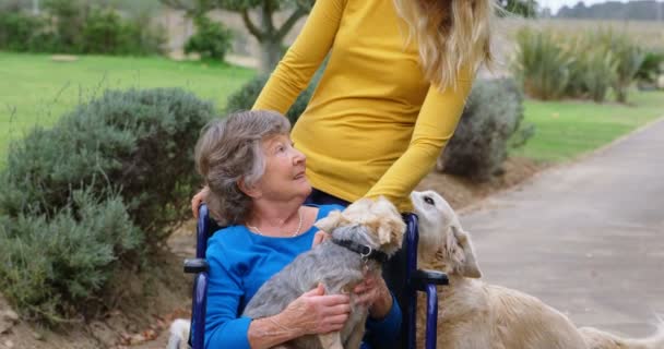 Senior Vrouw Jonge Meisje Plezier Maken Met Hun Hond Baan — Stockvideo