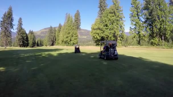 在阳光下高尔夫球场的妇女骑高尔夫球车 — 图库视频影像