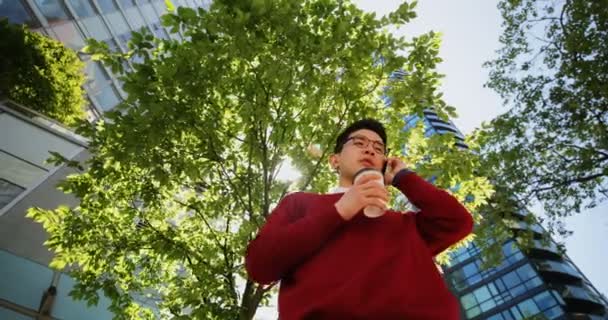 Vista Ángulo Bajo Del Hombre Con Taza Café Hablando Teléfono — Vídeos de Stock