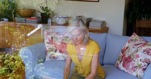 Senior Kvinna Kontrollera Räkningar Soffan Hemma — Stockvideo