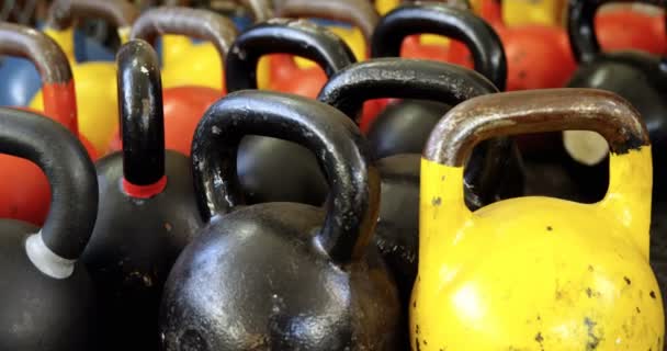 Close Kettle Bells Kept Shelf Fitness Studio — Stock Video