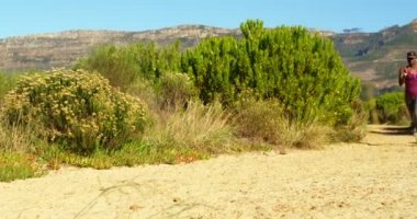 Kadın atlet güneşli bir günde 4 k ormanda koşu