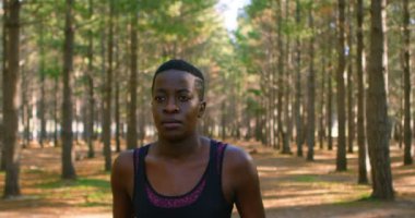 Güneşli bir günde 4 k ormanda koşu kadın