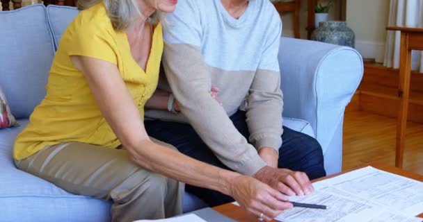 Senior Paar Bespreken Rekeningen Sofa Thuis — Stockvideo