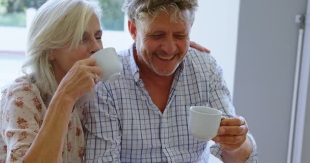 Couple Aîné Prenant Café Dans Porche Maison — Video