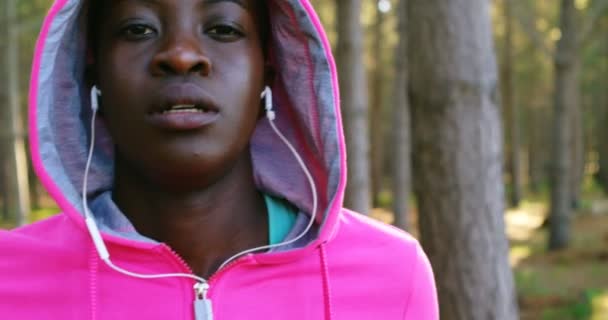 フォレスト でジョギングのウォーム アップ女性のジョガー — ストック動画
