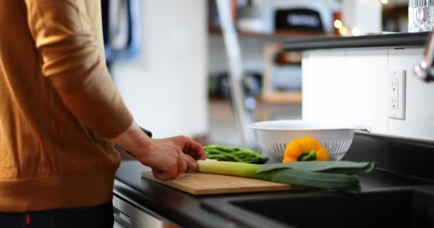 Hombre Haciendo Rebanadas Verduras Hoja Verde Con Cuchillo Cocina — Vídeo de stock