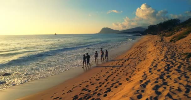 Toeristen Lopen Het Strand Bij Zonsondergang — Stockvideo